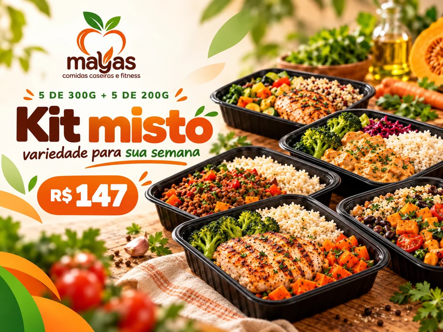 Kit misto Mayas: 5 marmitas de 300g e 5 de 200g por R$ 147